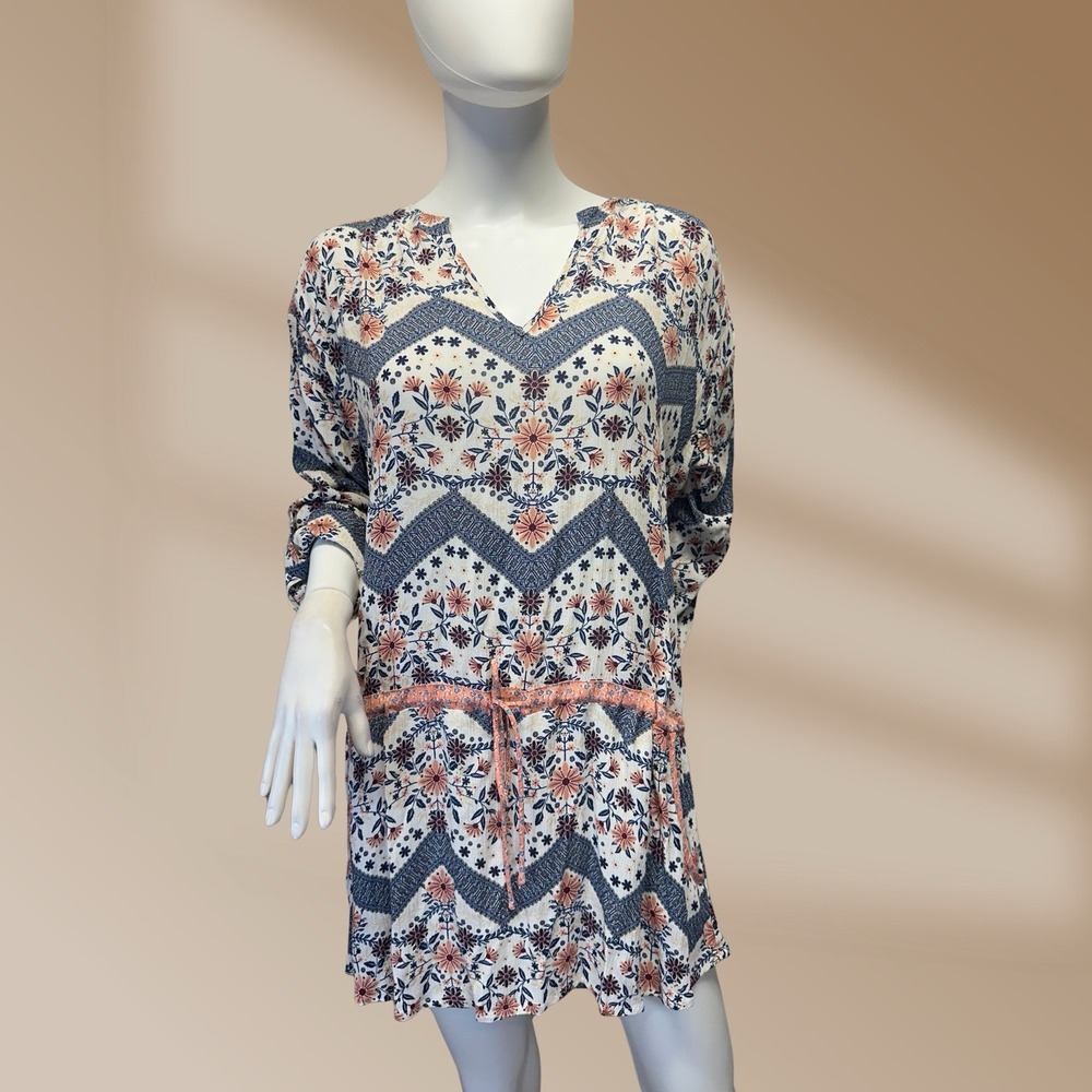 En Elly Womens Top Tunic Dress Multi-Color Floral Pattern Roll Tab Sleeves Sz L